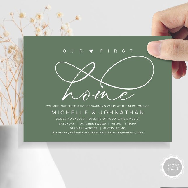 Convites A nossa primeira festa de lar moderno (Our First Home, New Housewarming Party Invitation Card, PDF, Modern Romantic Script, Sage Green)