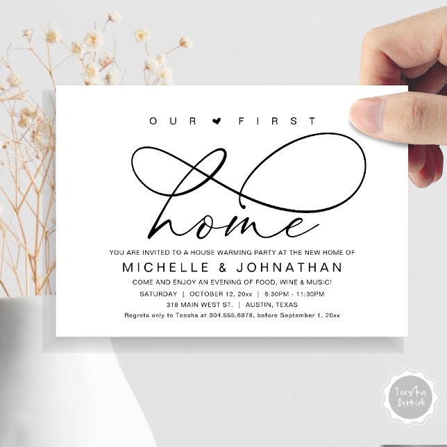 Convites A nossa primeira festa de lar moderno (Our First Home, New Housewarming Party Invitation Card, PDF, Modern Romantic Script, Black and White)