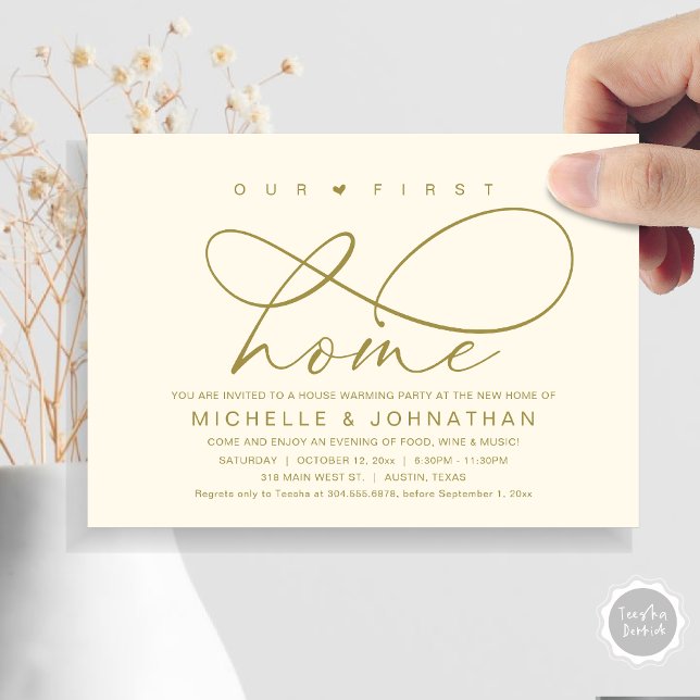 Convites A nossa primeira festa de lar moderno (Our First Home, New Housewarming Party Invitation Card, PDF, Modern Romantic Script, Classy Gold)