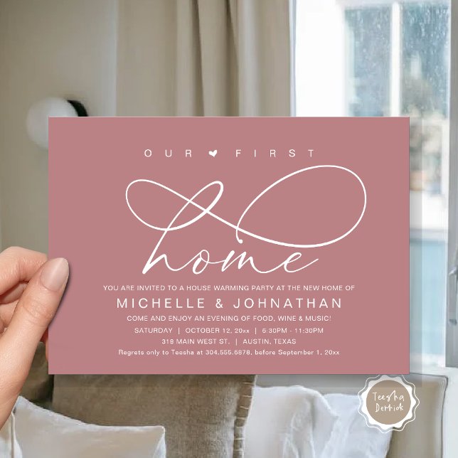 Convites A nossa primeira festa de lar moderno (Our First Home, New Housewarming Party Invitation Card, PDF, Modern Romantic Script, Dusty Rose Pink)