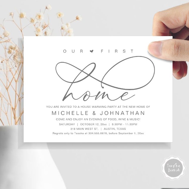 Convites A nossa primeira festa de lar moderno (Our First Home, New Housewarming Party Invitation Card, PDF, Modern Romantic Script, Dark Grey)