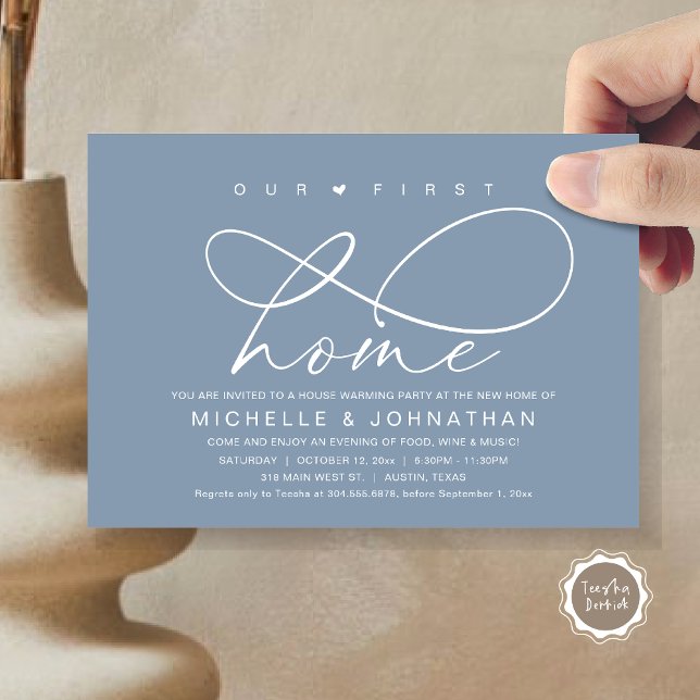 Convites A nossa primeira festa de lar moderno (Our First Home, New Housewarming Party Invitation Card, PDF, Modern Romantic Script, Dusty Blue)