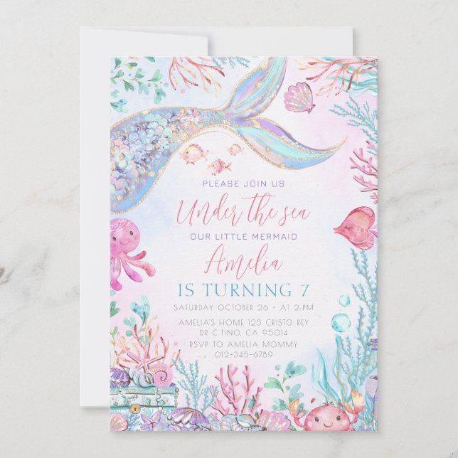 Convites A Pequena Sereia Sob O Aniversário Do Mar (Frente)