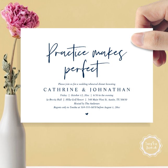 Convites A prática faz o Janto perfeito do ensaio de casame (Practice Makes Perfect, Wedding Rehearsal Dinner Invitation Card, PDF, Modern Casual, Navy Blue)