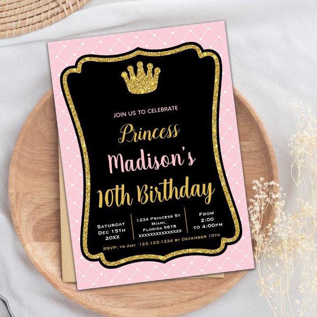 Convites à Princesa com Frame Cor-de-Rosa Preta (Black Pink Fram Crown Princess Invitations)