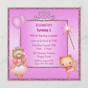 Convites A princesa Gatinho & urso, tiara & brilho convida