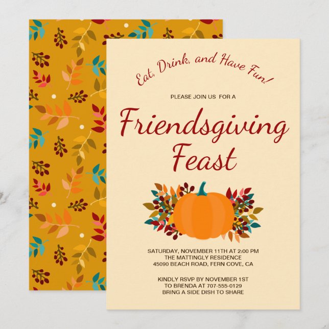 Convites A queda da abóbora deixa Friendsgiving Dourado (Frente/Verso)