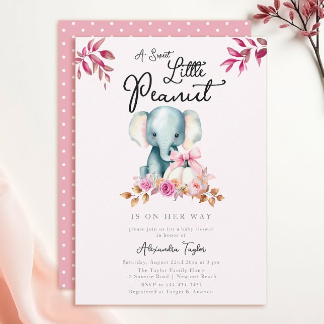 Convites A queda de abóbora do elefante-branco deixa Chá de (fall baby shower themes little peanut elephant pumpkin greenery floral watercolor pink burgundy)