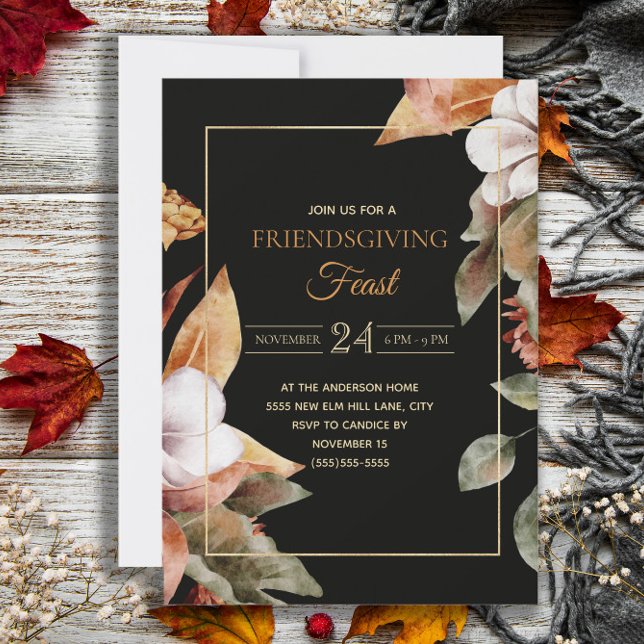Convites A queda elegante deixa Banquete de amizade preto (Elegant black Friendsgiving Feast invitation)