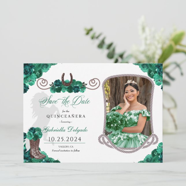 Convites A Quinceañera Verde Ocidental Salva A Foto Da Data (Em pé/Frente)