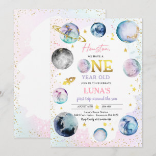 Convites A Rapariga De Aniversário Do Espaço Rosa Primeir