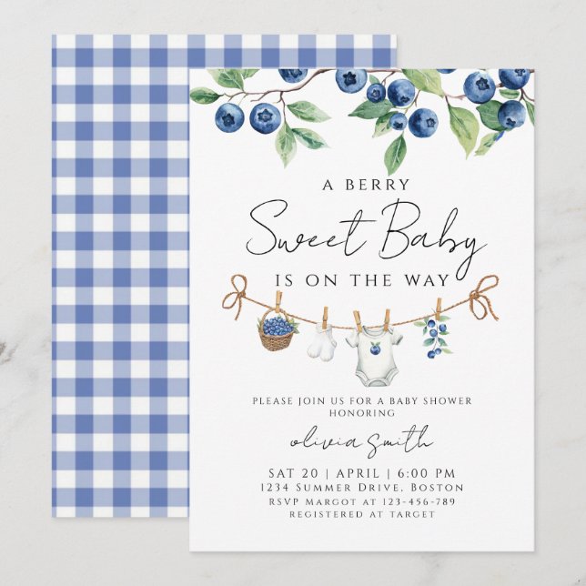 Convites  A Sweet Berry Blueberry Baby Shower  (Frente/Verso)