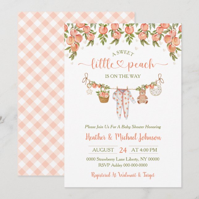 Convites A Sweet Little Peach Clothesline Baby Shower (Frente/Verso)