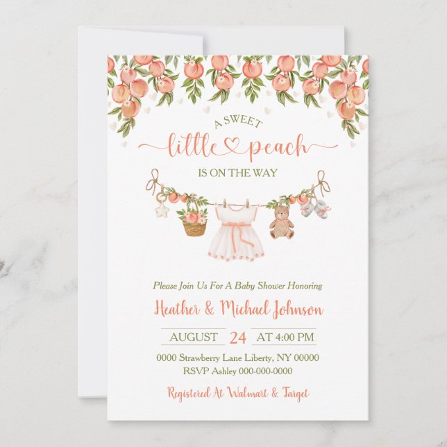 Convites A Sweet Little Peach Clothesline Girl Baby Shower (Frente)
