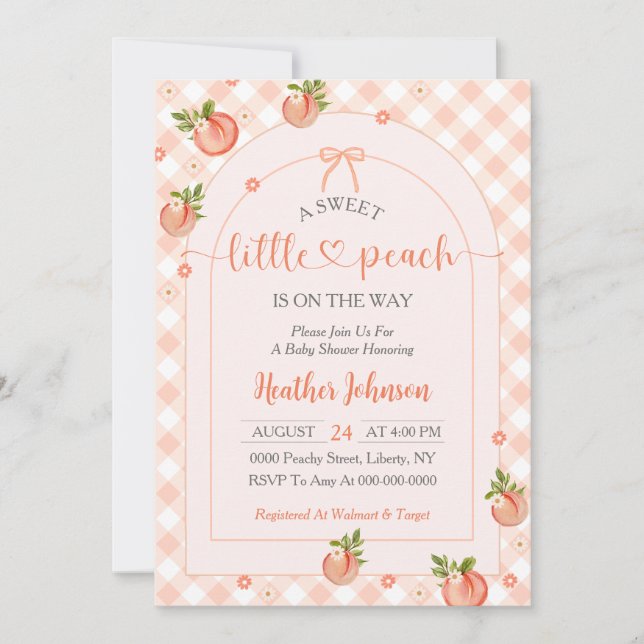 Convites A Sweet Little Peach Gingham Baby Shower (Frente)
