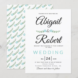 Convites A tipografia manual aqua flores simples casamento