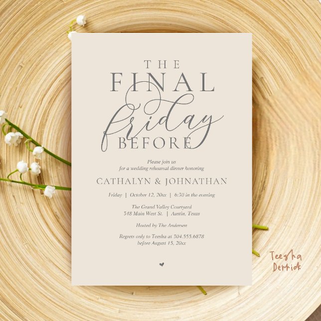 Convites “A Última Sexta-Feira Antes” Jantar de Ensaios Ele (“The Final Friday Before” Romance Classy Rehearsal Dinner Invitation Card in Cream Grey)
