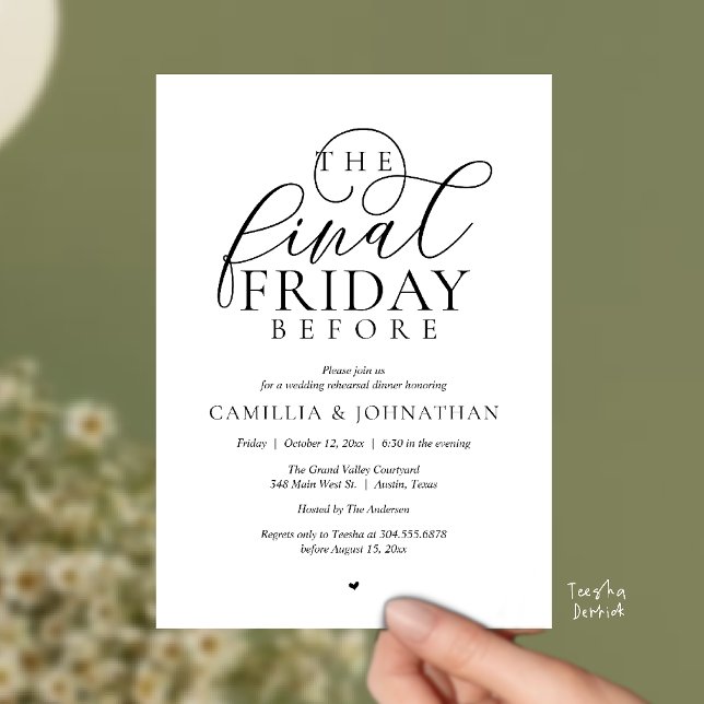 Convites “A Última Sexta-Feira Antes” Jantar de Ensaios Rom (“The Final Friday Before” Romance Rehearsal Dinner Celebration Invitation Card in black and white)