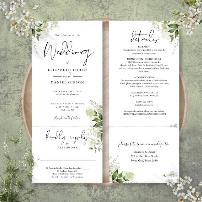 Convites A Verde Botânica Deixa Tudo Em Um Casamento (Botanical Greenery Leaves All In One Wedding Invitation)