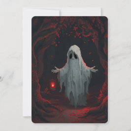 Convites A white ghost holding a red lantern with red leave