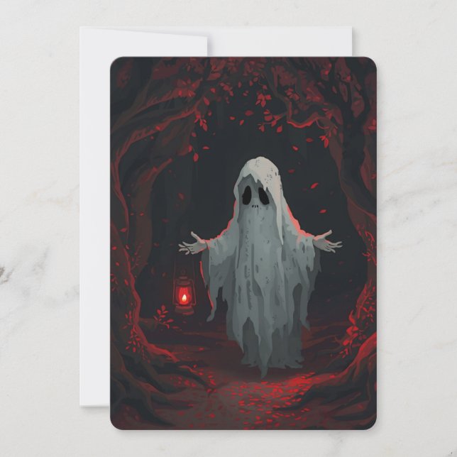 Convites A white ghost holding a red lantern with red leave (Frente)