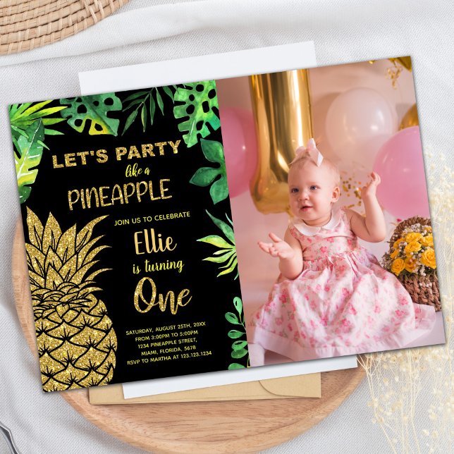 Convites Abacaxi com brilho de Ouro preto de 1rua com foto (1st Black Golden Glitter Pineapple with photo Invitation)