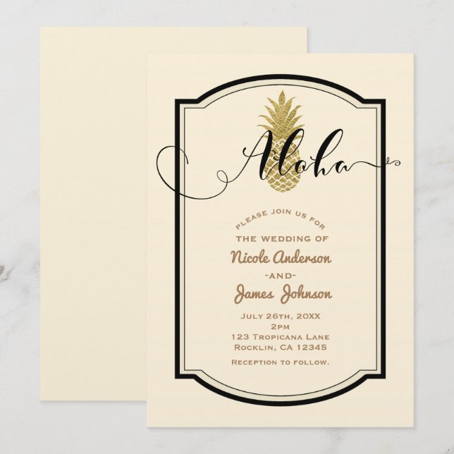 Convites Abacaxi Dourado & Abacaxi Tropical Rústico Preto (Frente/Verso)
