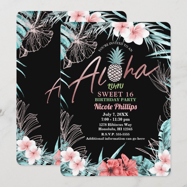 Convites Abacaxi tropical rosa Dourado Aloha Luau Sweet 16 (Frente/Verso)