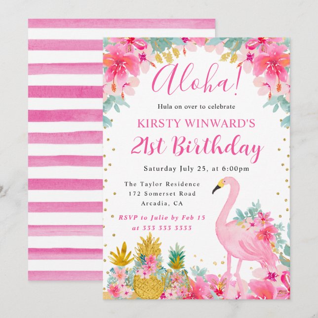 Convites Abacaxis Rosa e Dourado & Flamingo Aniversário de  (Frente/Verso)