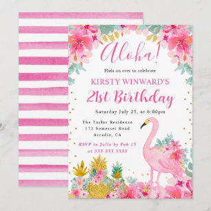 Convites Abacaxis Rosa e Dourado & Flamingo Aniversário de