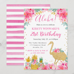 Convites Abacaxis Rosa e Dourado & Flamingo Aniversário de