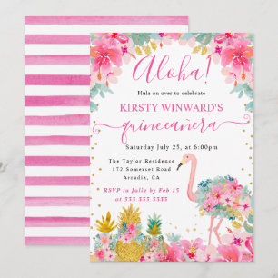 Convites Abacaxis Rosa e Dourado & Flamingo Quinceanera