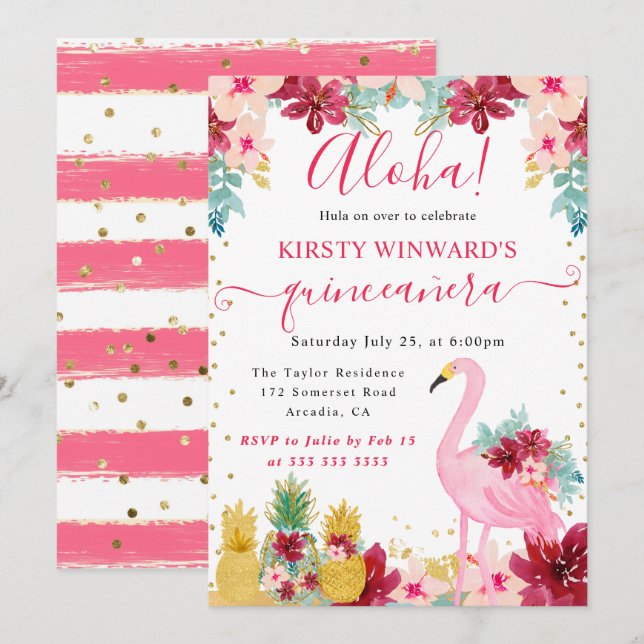 Convites Abacaxis Rosa e Dourado & Flamingo Quinceanera (Frente/Verso)