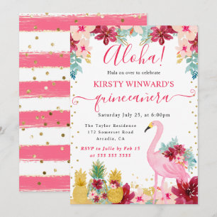 Convites Abacaxis Rosa e Dourado & Flamingo Quinceanera