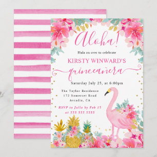 Convites Abacaxis Rosa e Dourado & Flamingo Quinceanera