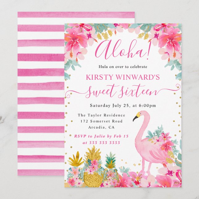 Convites Abacaxis Rosa e Dourado & Flamingo Sweet 16 (Frente/Verso)