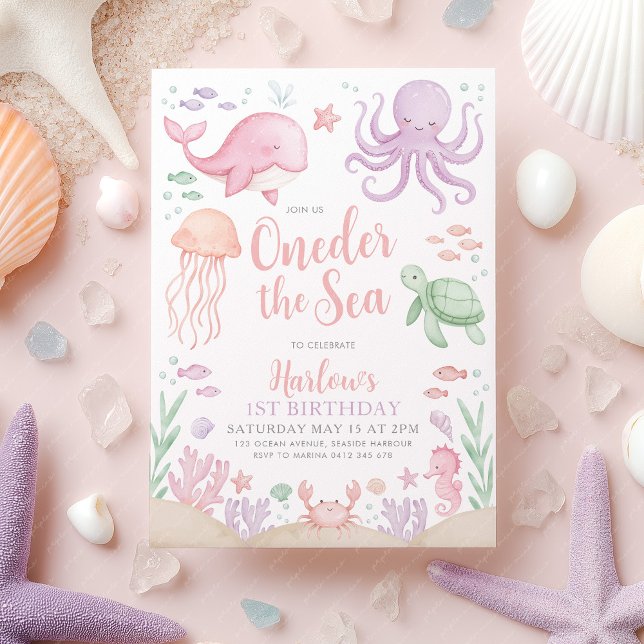 Convites Abaixo A Garota Do primeiro aniversario Do Mar (Oneder the Sea Girl's 1st birthday invitation | Ocean animal theme in pink purple)