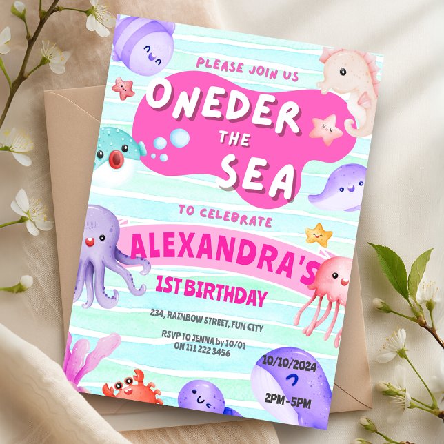 Convites Abaixo de primeiros aniversarios do mar (Oneder the Sea 1st Birthday Girl Ocean Animals Invitation)