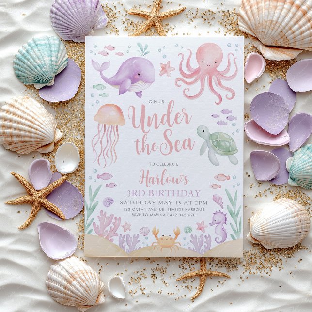 Convites Abaixo do Sea Girl, Rosa de aniversário (Under the Sea Birthday Invitation | Ocean animal theme in purple pink)
