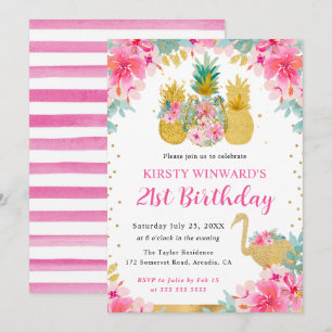 Convites Abeixas Rosa e Dourado & Flamingo Aniversário de 2