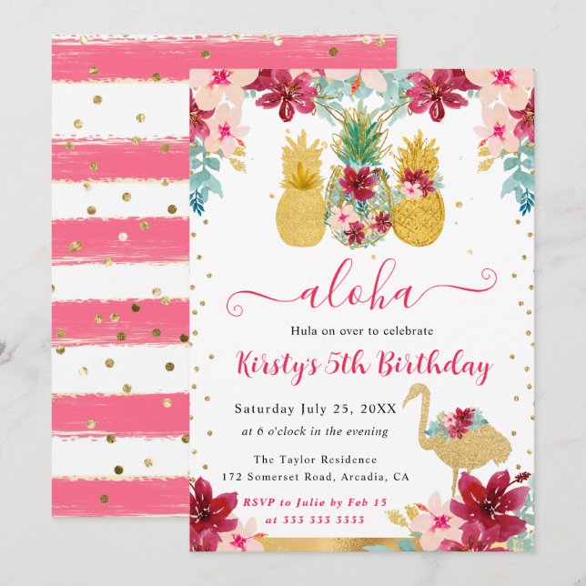 Convites Abejas e Flamingos Rosa e Dourado Aniversário Infa (Frente/Verso)