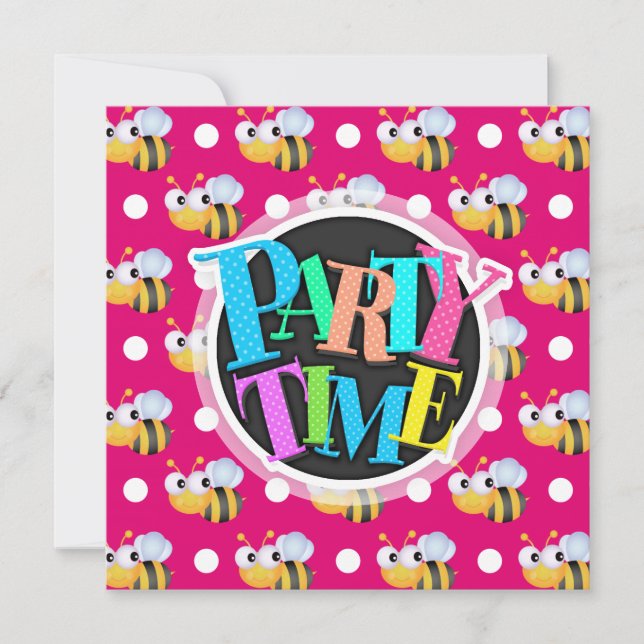 Convites Abelha-branca, Bolinhas rosa-quente e brancas (Frente)