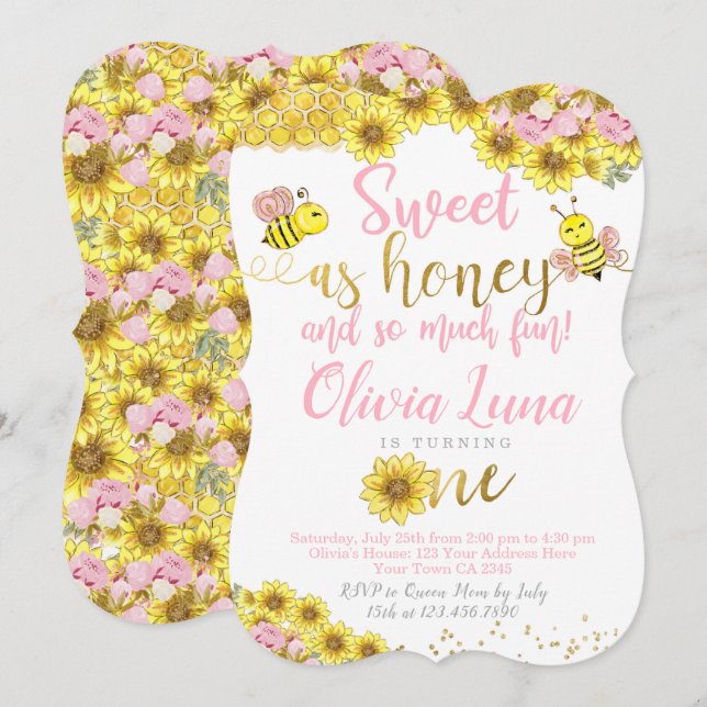 Convites Abelha Primeiro Aniversário (Frente/Verso)
