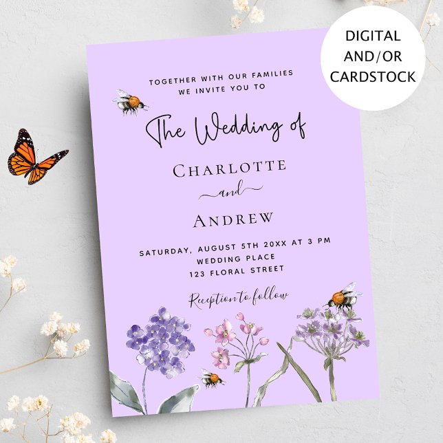 Convites Abelha rosa-lavanda de flores silvestres de castig (Criador carregado)