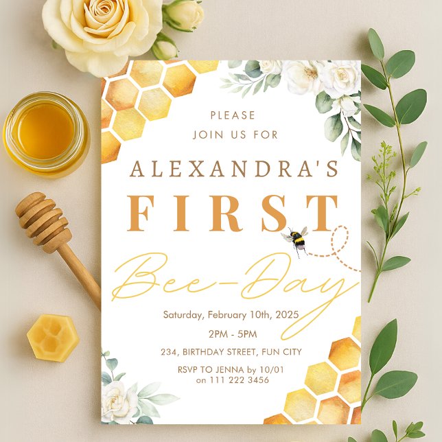 Convites Abelhas de 1rua Dia de Nascimento Floral (1st Bee Day Bee Birthday Girl Floral Invitation)