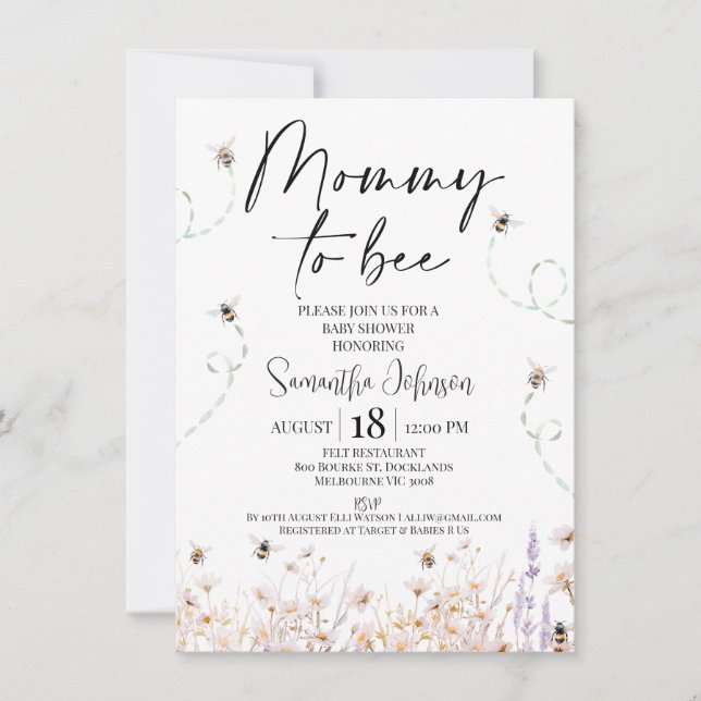 Convites Abelhas de flores selvagens Mamãe a Chá de fraldas (Frente)