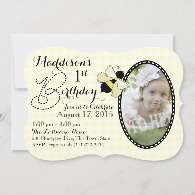 Convites Abelhas de mel e Gingham Birthday (Frente)