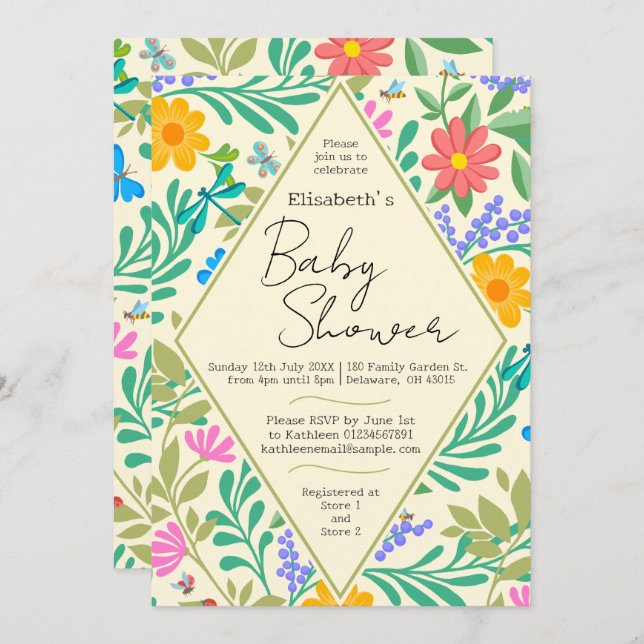 Convites Abelhas De Mel, Ladybug, Borboleta, Dragonfly & Fl (Frente/Verso)