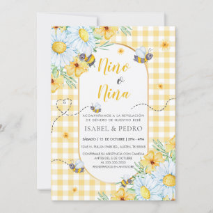 Convites Abelhas e Flores Brancas Gingham - Revelação Espan
