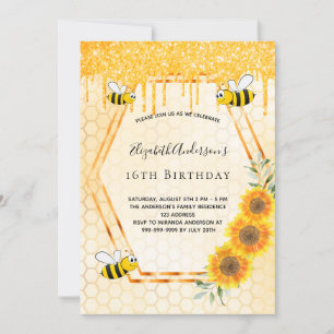Convites Abelhas girassóis dourados favos de mel Doce 16